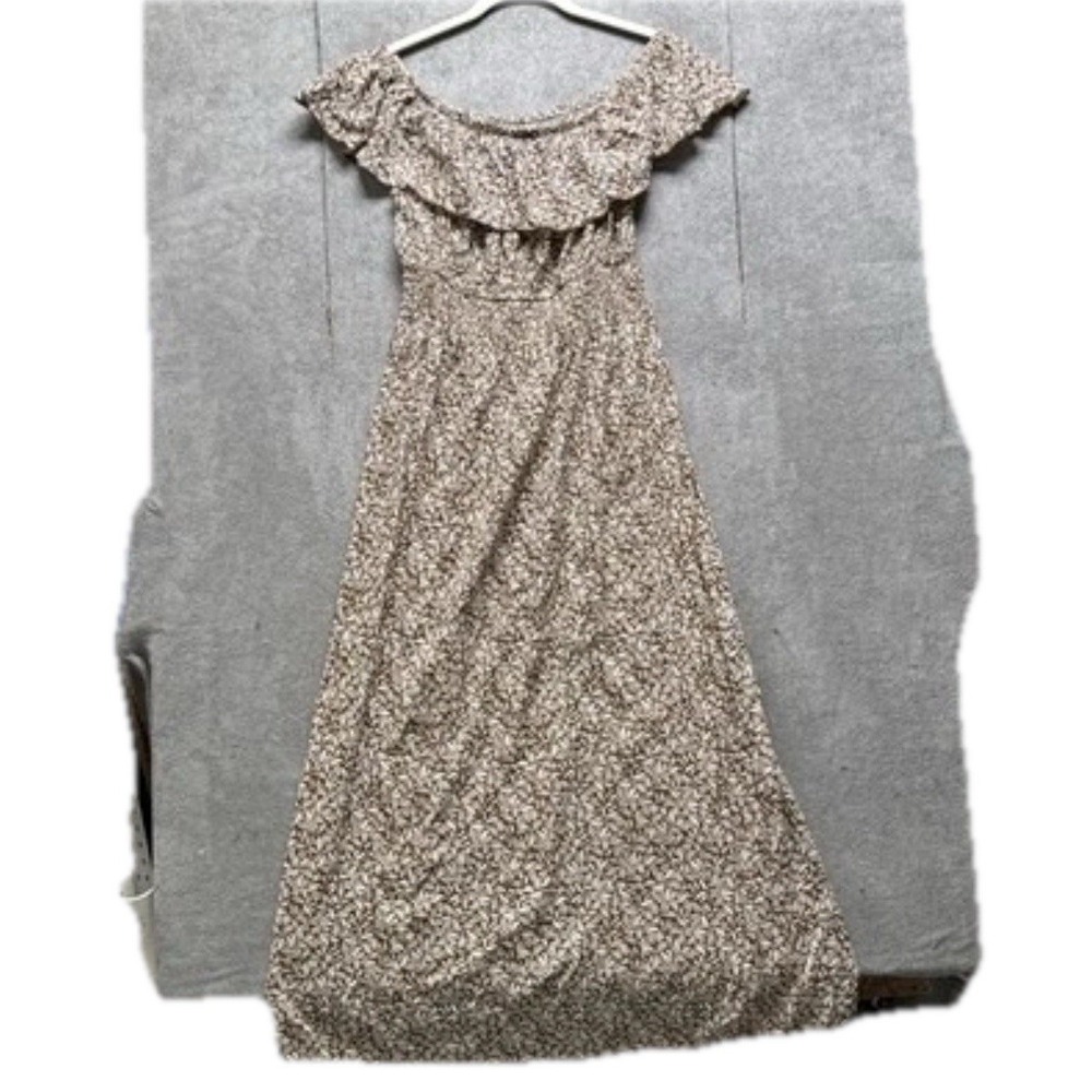 Old Navy Brown White Floral Off Shoulder Midi‎ Dress Medium Ruffle Cottagecore